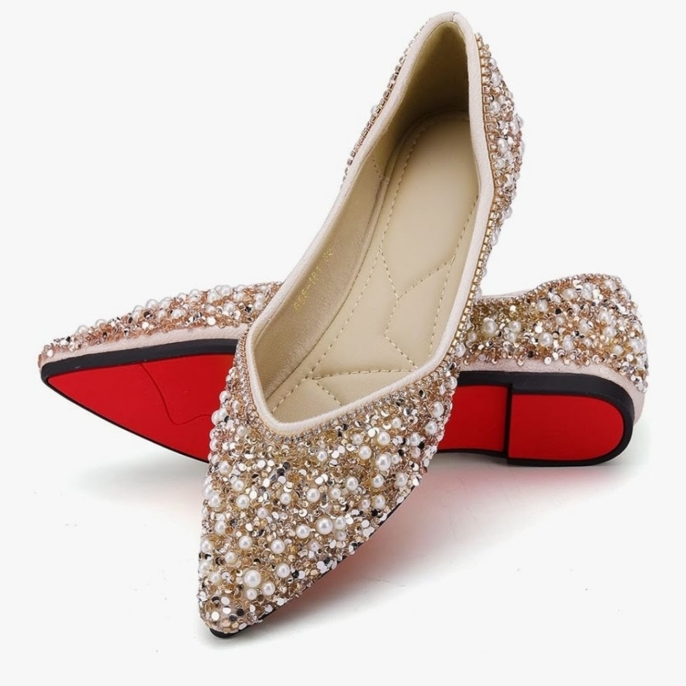 NIB Rhinestone Pearl Jewels Gem Sparkly Pointed Party Flats Shoes 7.5